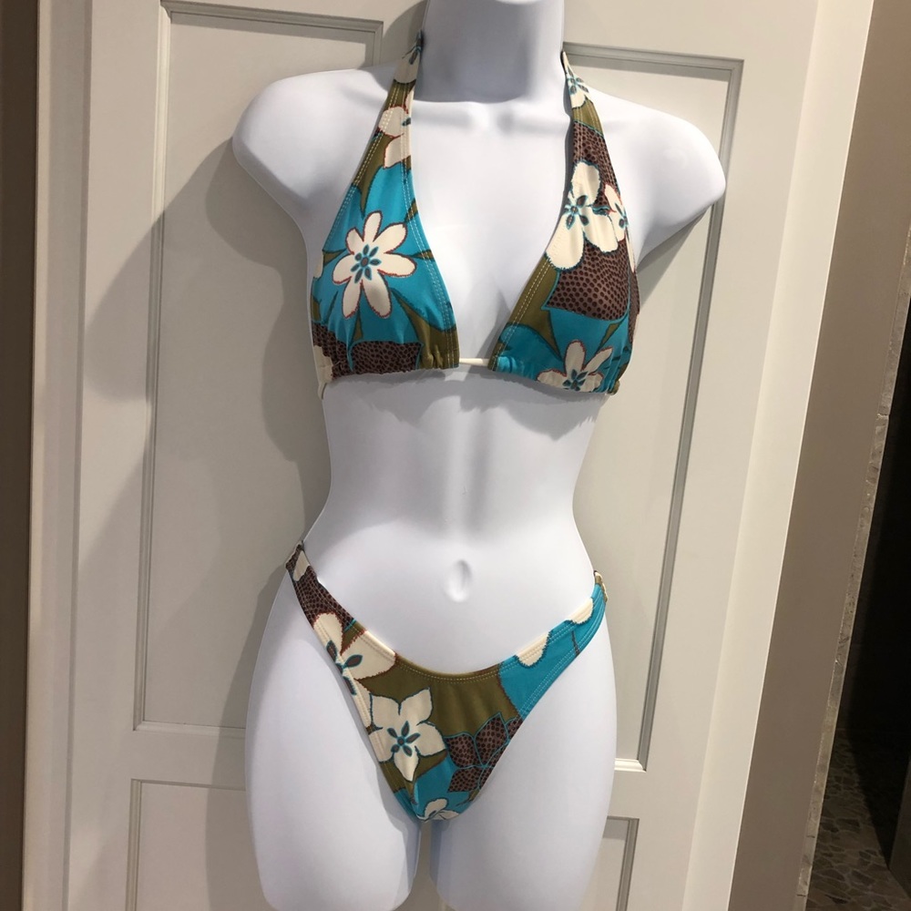 Tropical print halter top Brazilian bottoms bikini